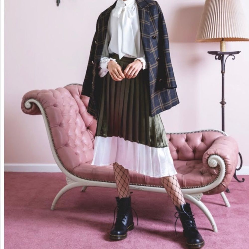 English Factory Olive Green and White Pleated Midi Skirt